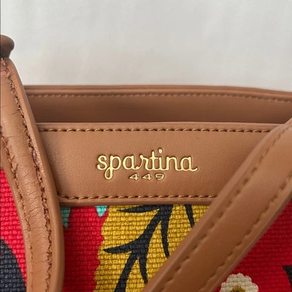 Spartina 449 Vibrant Red Floral Brown Leather Accents/Trim Tote Bag Purse 🌺🌺 - Picture 7 of 14